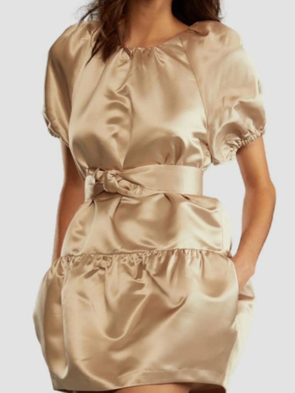 NWT Cynthia Rowley Luna Satin Puff Sleeve Tulip Tie Waist Mini Dress Beige Small